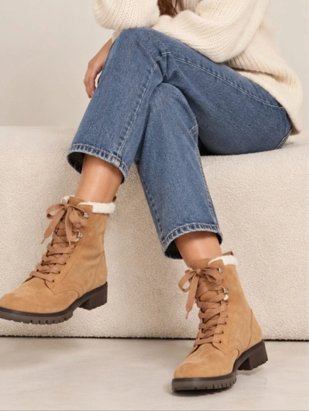 KATE SPADE Tan Raegan Shearling Lined Lace Up Combat Boots